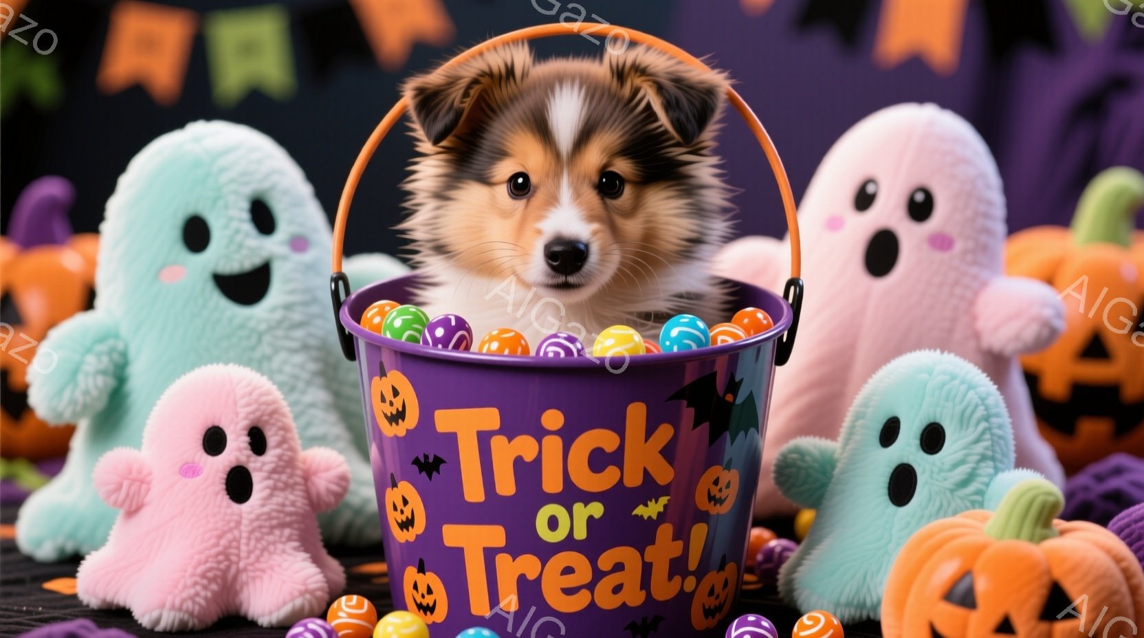 紫色のハロウィーンのバケツの中に、毛並みの美しい子犬がちょこんと座っています。バケツにはカラフルなキャンディーが入り、その周りにはピンク色の可愛らしいお化けのぬいぐるみたちが取り囲んでいます。背景には - AI生成フリー素材