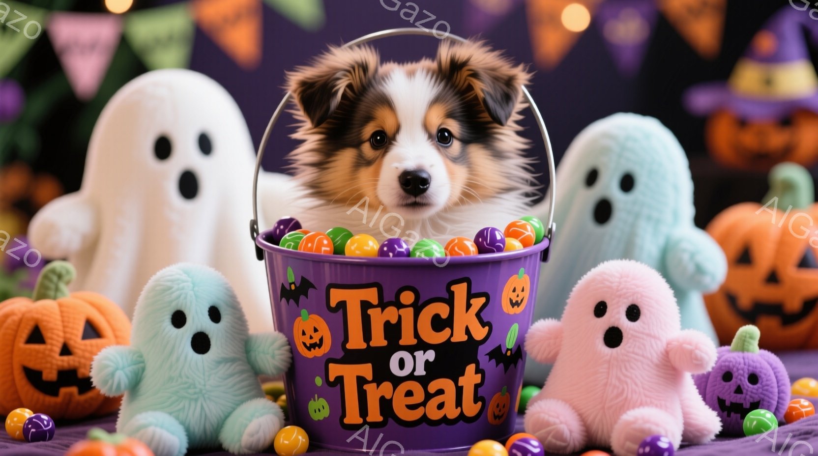 ハロウィンをテーマにしたものです。中心には小型のコーギーが座り、その周りには「トリックオア・トリート」の署名を持つカップケーキ、グミ、お菓子が散らばっています。背景は暗い色で、幽霊のような物体が点在し、全体的にホロウィンの雰囲気を演出しています。