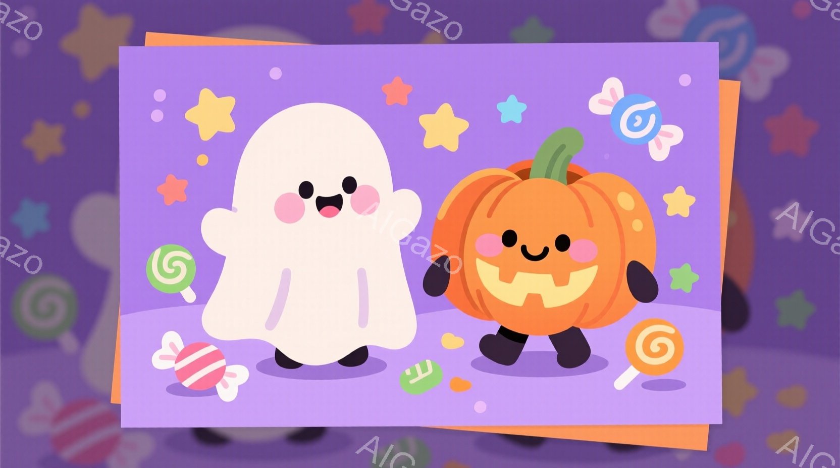 白い幽霊とオレンジ色のジャック・オー・ランタンが寄り添って立っています。どちらも笑顔で、丸い体と短い手足を持っています。背景は薄い紫色のグラデーションで、キャンディーや星が散りばめられ、お祭りのような - AI生成フリー素材
