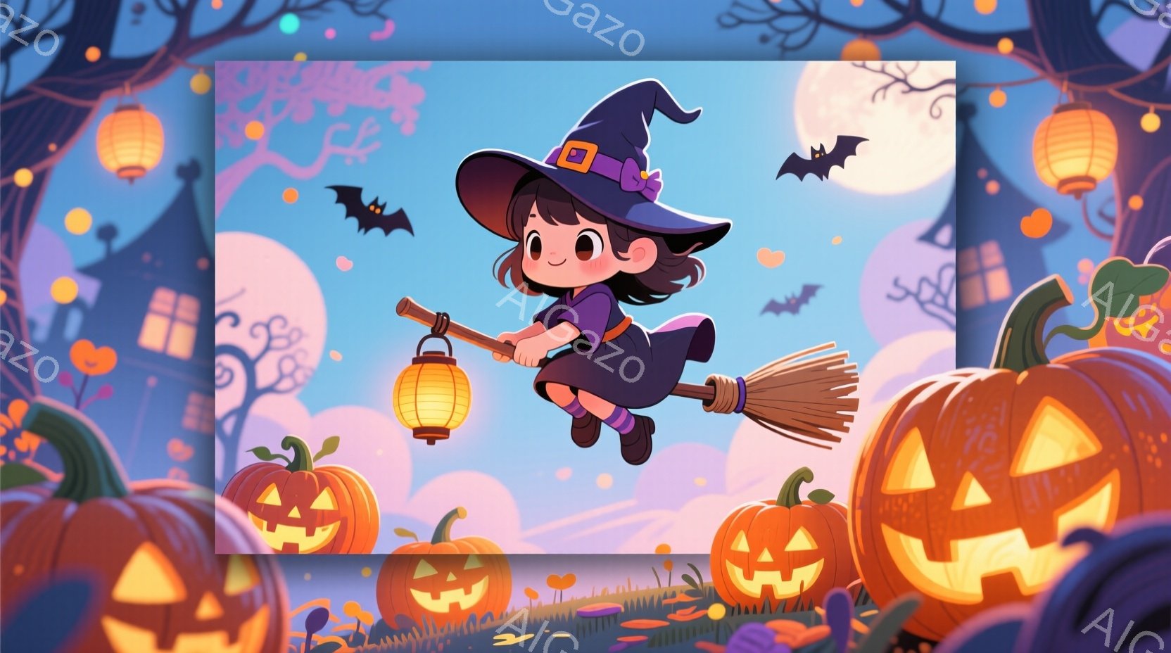 小さな魔女がほうきに乗って空を飛んでいる。彼女は紫色のドレスと、つばのついた黒い帽子をかぶり、楽しそうな表情をしている。背景には、ジャック・オ・ランタン、不気味な家、そして満月が浮かび、お祭りのような - AI生成フリー素材