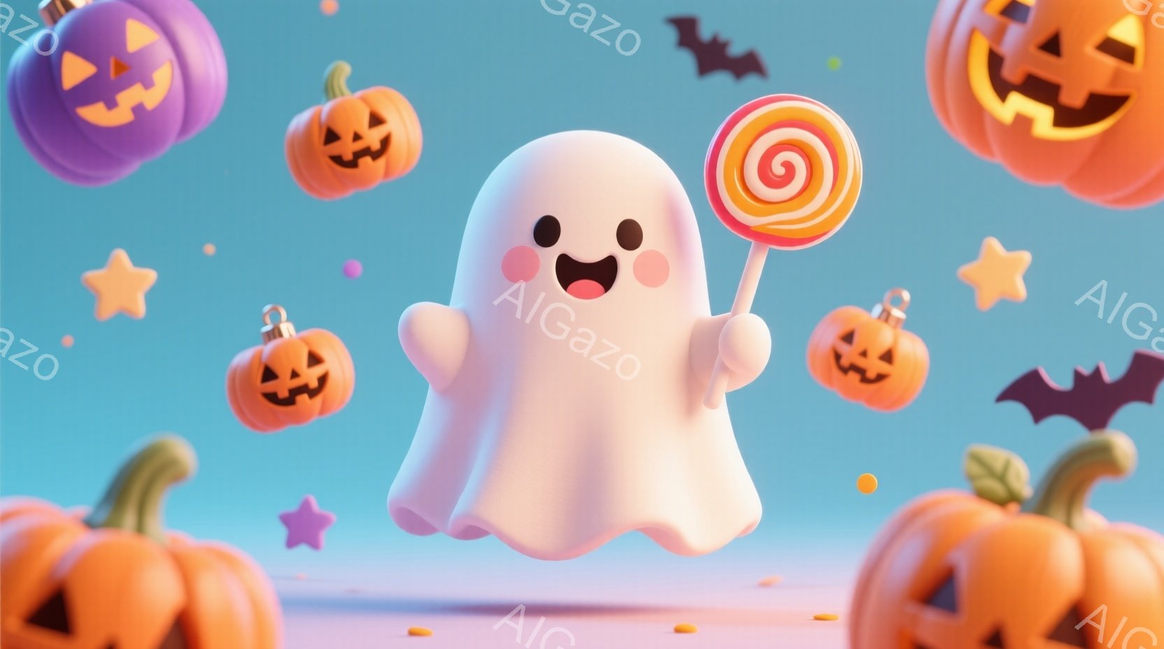 白い可愛らしいお化けが、渦巻き状のキャンディーを片手に持っており、嬉しそうな表情をしています。背景には、様々な色のジャック・オー・ランタンや星、コウモリが浮かんでおり、ピンクと水色のグラデーションがハ - AI生成フリー素材