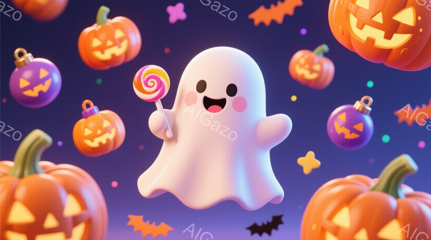 白い幽霊がキャンディーを持って浮かんでおり、丸い形と愛らしい表情が特徴的です。背景には、さまざまな大きさのジャック・オー・ランタンや、星、コウモリが散りばめられており、ハロウィーンの楽しい雰囲気を醸し - AI生成フリー素材
