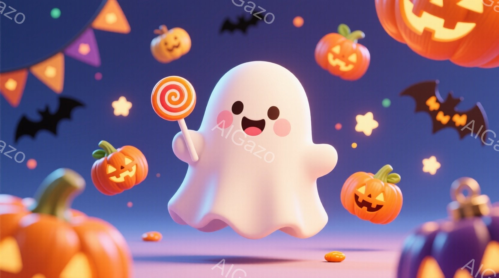 白いお化けがキャンディを持って浮かんでおり、とても可愛らしい表情をしています。背景にはオレンジと紫色のカボチャ、コウモリ、そして星が散りばめられており、ハロウィンの楽しい雰囲気を醸し出しています。全体的にパステルカラーで柔らかく、夢のような世界観が表現されています。