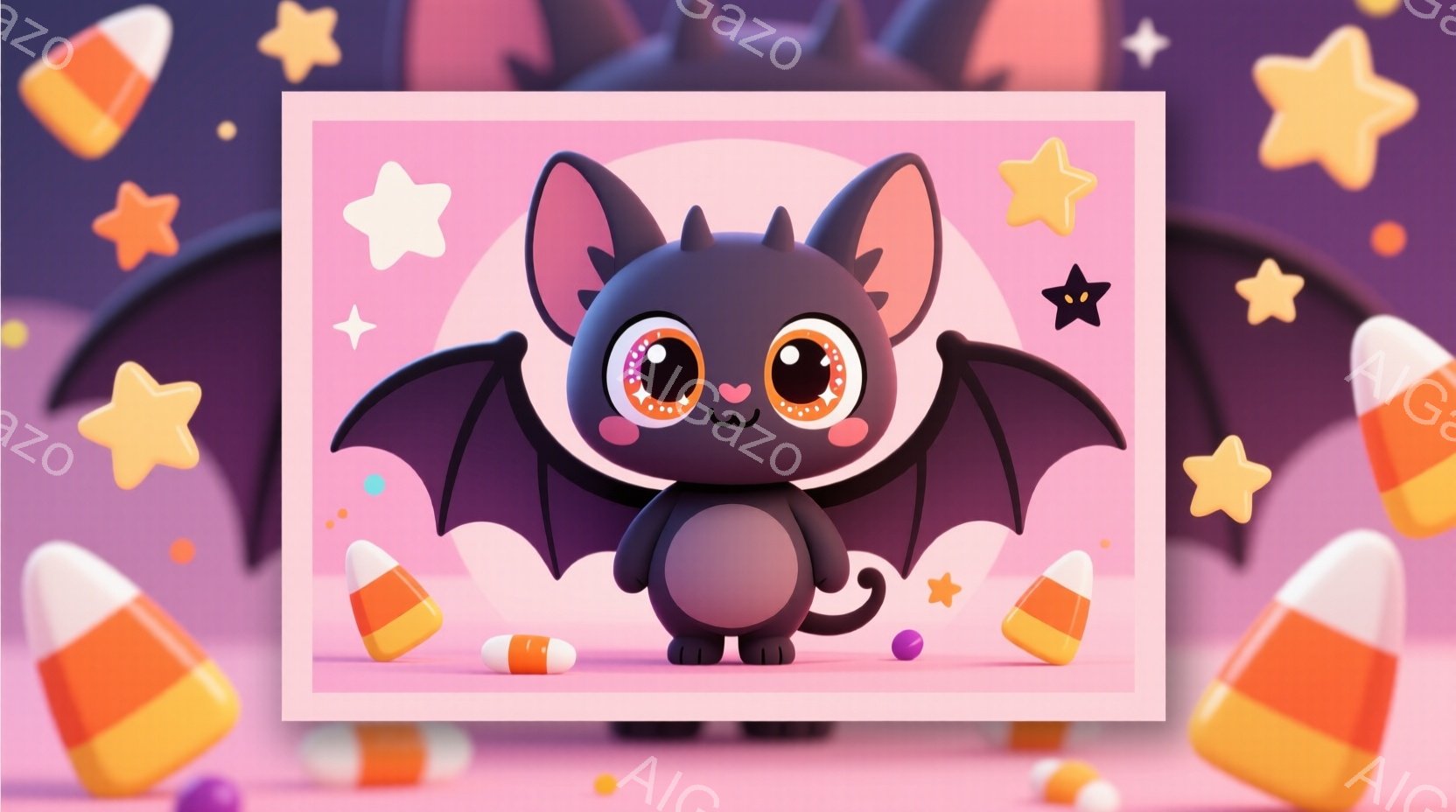 可愛らしい黒いコウモリが正面を向いて立っており、大きな丸い目で好奇心旺盛な表情をしています。背景にはオレンジと白のキャンディコーンや星形のカラフルな粒が散りばめられており、ハロウィーンを連想させる楽しい雰囲気が漂っています。全体的にパステルカラーで柔らかい印象を与え、可愛らしさが際立っています。