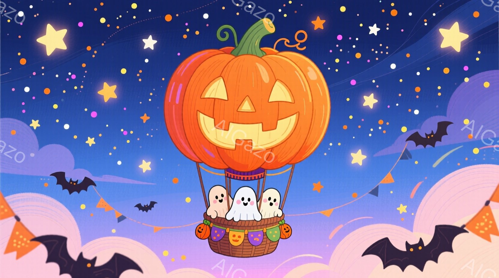 かぼちゃを模した熱気球が青い空を漂っており、中に二つの可愛らしい幽霊が乗っています。幽霊たちは笑顔で、かぼちゃの熱気球の下にはハロウィーンのガーランドと小さなかぼちゃが吊るされています。背景には、星や - AI生成フリー素材