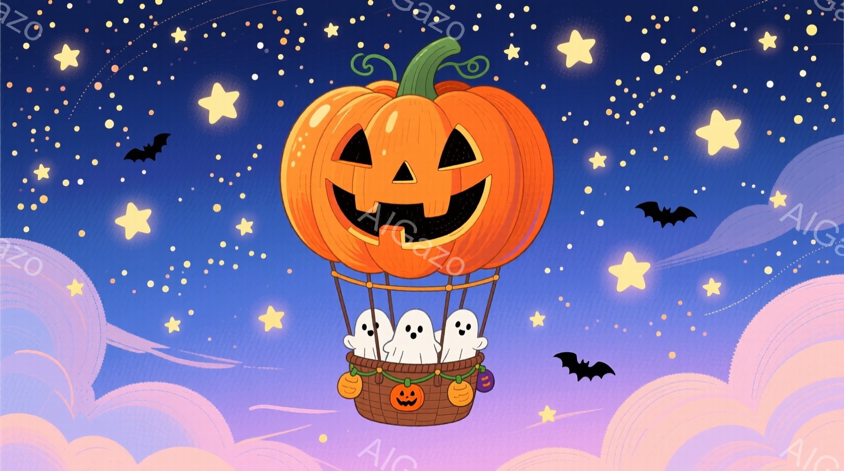 夜空を背景に、カボチャで作られた熱気球が浮かんでいる。カボチャの熱気球には、かわいらしい幽霊たちが乗っており、楽しそうな表情をしている。背景には、星やコウモリが散りばめられ、ハロウィーンの幻想的な雰囲 - AI生成フリー素材