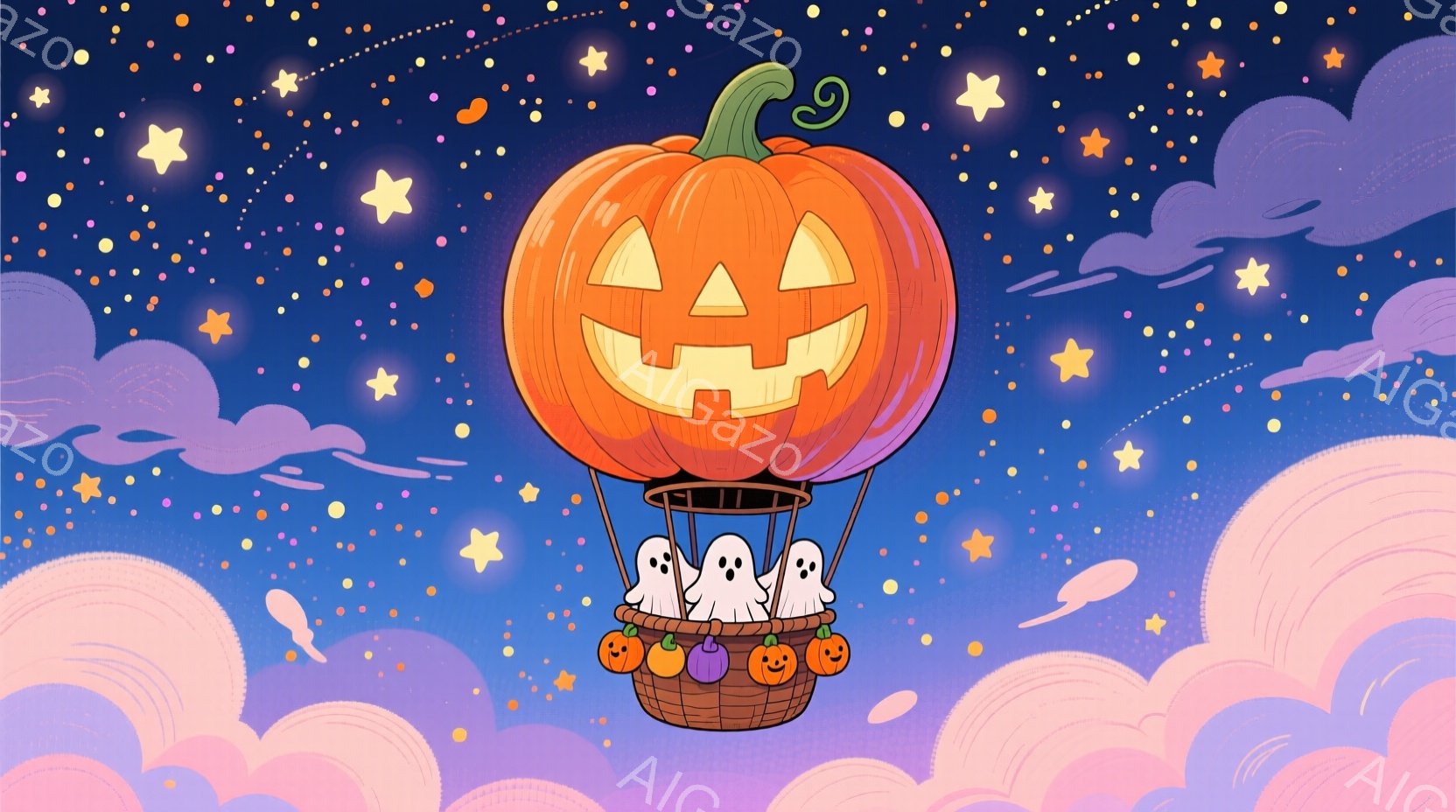 明るい青色の背景に、カボチャで作られた熱気球が浮かんでいます。カボチャの熱気球の籠には、可愛らしいお化けや小さなカボチャのキャラクターが乗り、楽しそうにしています。ピンク色や紫色の雲と星が散りばめられ - AI生成フリー素材