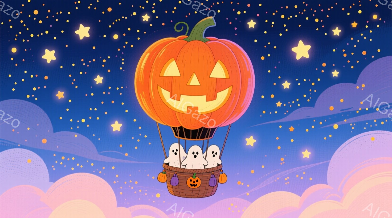 カボチャを模した熱気球が、ピンクと紫の雲が浮かぶ夜空を飛んでいます。カボチャの顔は笑顔で、かごの中には三つの可愛らしい幽霊が座っており、楽しそうな表情をしています。全体的にハロウィーンの楽しい雰囲気で - AI生成フリー素材