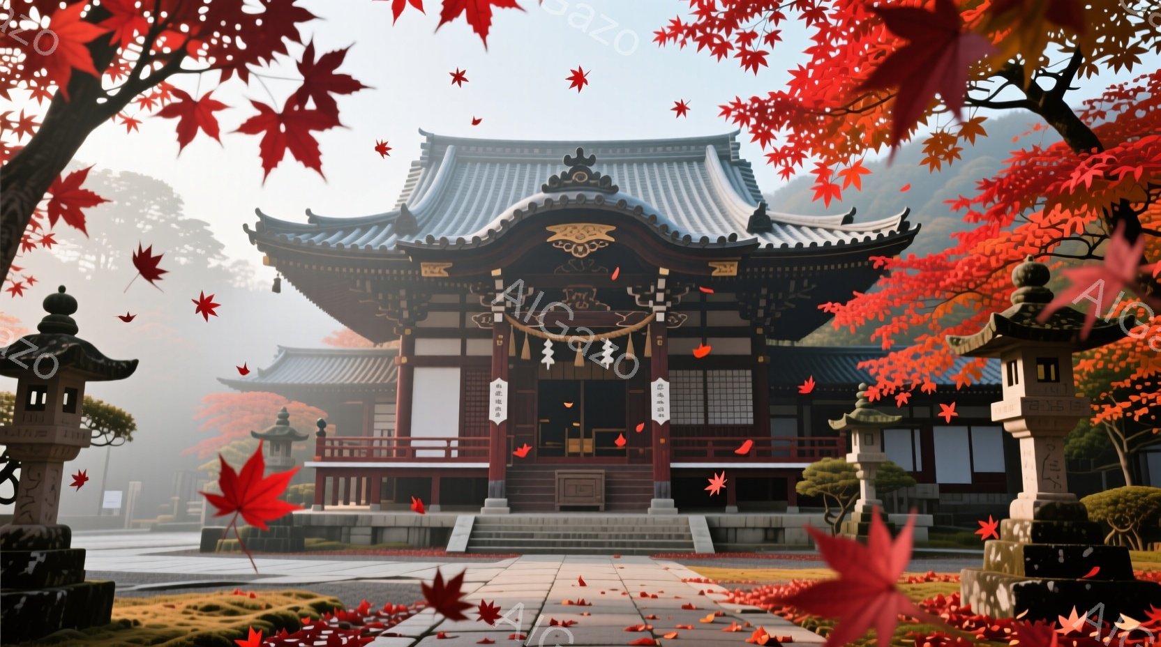 鮮やかな紅葉に囲まれた寺院が、霧のかかった朝に見られます。寺院は伝統的な日本の建築様式で、赤い柱と緑の屋根が特徴的です。石畳の参道には、舞い落ちる紅葉が散りばめられ、静かで穏やかな雰囲気を醸し出してい - AI生成フリー素材