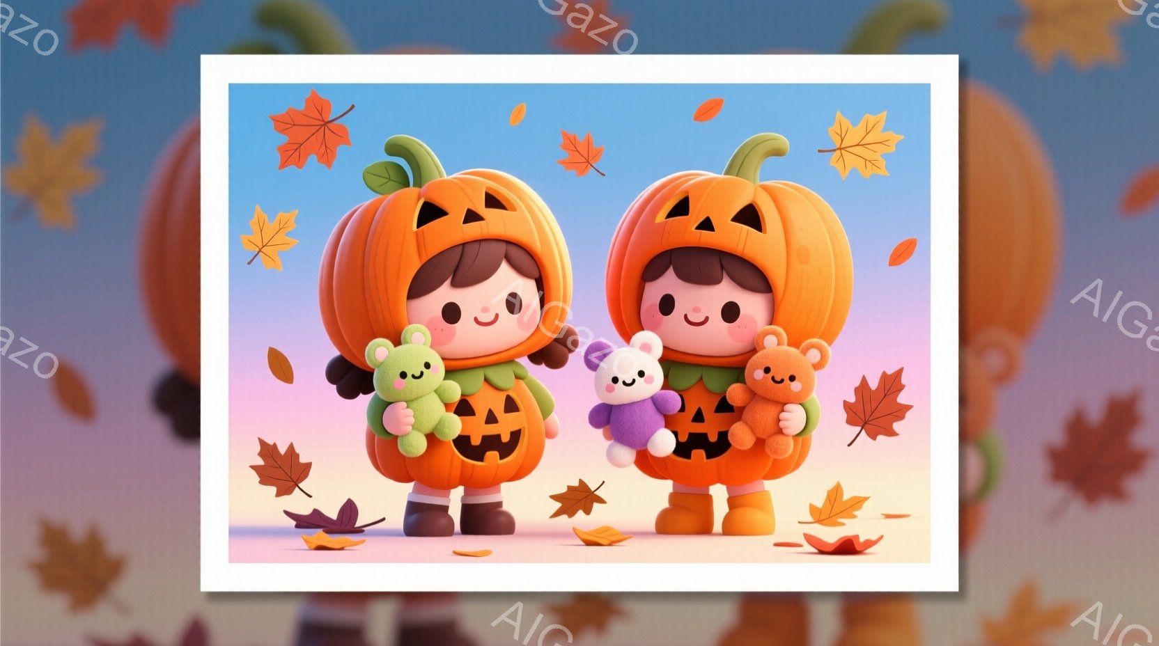 2人の子どもたちは、それぞれかぼちゃの衣装を着て立っています。茶色の短い髪で、笑顔を見せ、片手にクマのぬいぐるみを抱えています。背景には、落ち葉と、ぼやけた緑色のオブジェクトがあり、ハロウィーンのよう - AI生成フリー素材