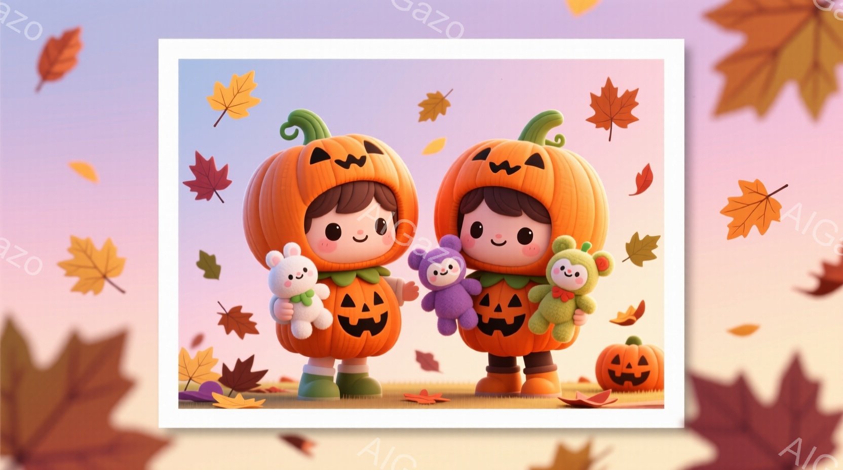 2人の子どもがハロウィーンの衣装を着て立っています。彼らはそれぞれカボチャの形をした衣装を着ており、可愛らしい表情を浮かべています。背景には紅葉が舞い散る秋の風景が広がり、温かく幻想的な雰囲気を醸し出 - AI生成フリー素材