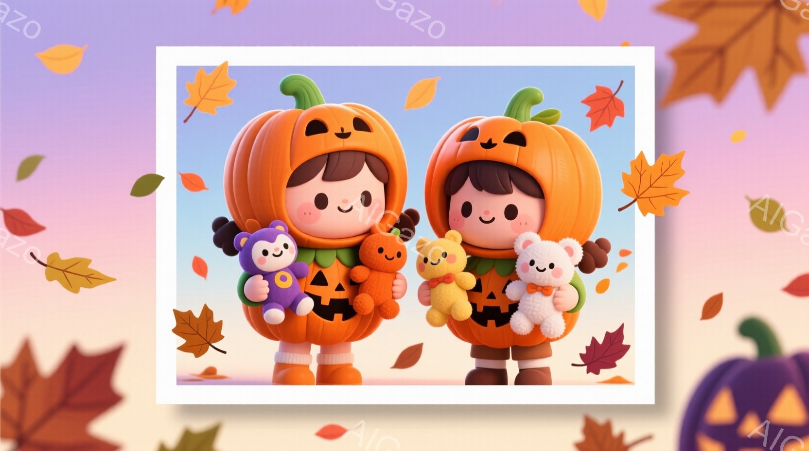 オレンジ色のカボチャの衣装を着た、幼い女の子二人が描かれています。それぞれの女の子は異なる色のテディベアを抱きしめ、笑顔でこちらを見ています。背景には、紅葉の葉が舞い、秋の暖かく穏やかな雰囲気が漂って - AI生成フリー素材
