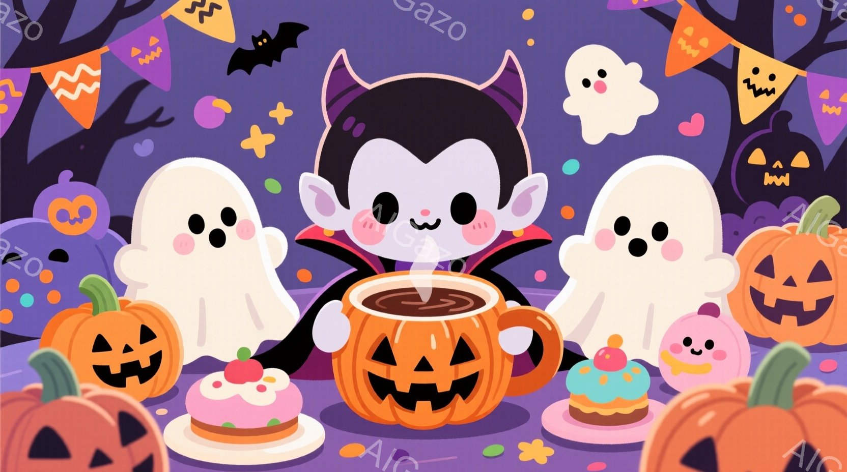 吸血鬼のキャラクターが、ジャック・オー・ランタンのマグカップに入った飲み物を両手で抱えています。背景には、様々な表情をしたカボチャのランタン、お菓子、可愛らしいお化けが配置され、ハロウィーンの装飾が施 - AI生成フリー素材
