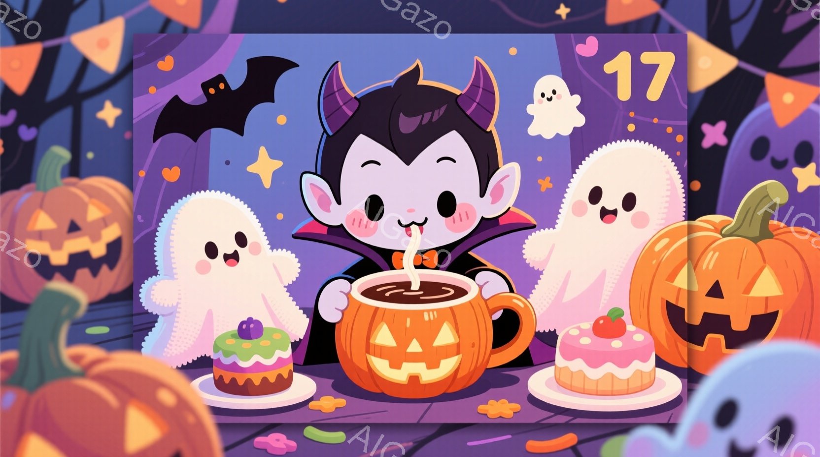 明るいオレンジ色の背景に、ハロウィーンをテーマにしたイラストが描かれています。ヴァンパイア風の男の子が、かぼちゃのカップに入った飲み物を両手で持って楽しんでいます。背景には、かぼちゃのランタン、お菓子 - AI生成フリー素材