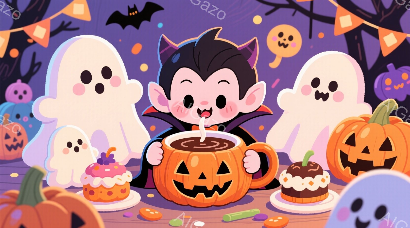 可愛らしいバンパイアの少年が、かぼちゃのカップに入った飲み物をストローで飲んでいます。背景には、お化け、かぼちゃ、お菓子が散りばめられており、ハロウィーンの楽しい雰囲気が漂っています。紫色の背景にオレ - AI生成フリー素材