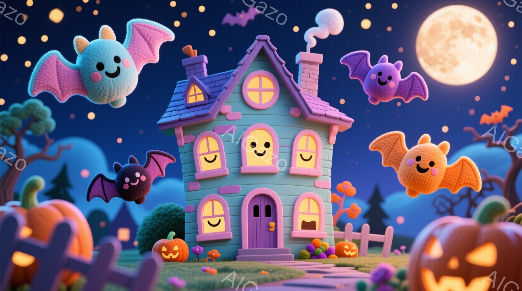 鮮やかな紫色の可愛い家が、ハロウィーンの夜に浮かび上がっています。周りには笑顔のジャック・オー・ランタンと、楽しそうに飛び回るコウモリが散りばめられており、お祭り気分を盛り上げています。背景は濃い青空で、満月が輝き、全体的に暖かく、遊び心あふれる雰囲気です。