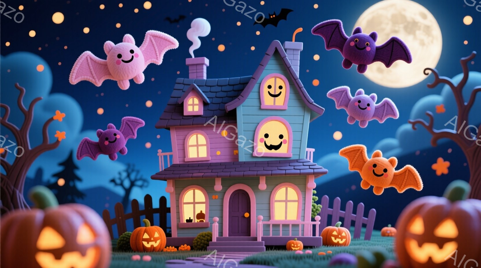 紫色の屋根と壁を持つ可愛らしい家が、満月の夜に浮かび上がっています。家を取り囲むように、笑顔のハロウィンカボチャや、愛らしい表情のコウモリたちが空を舞っており、お祝いの雰囲気を醸し出しています。背景に - AI生成フリー素材