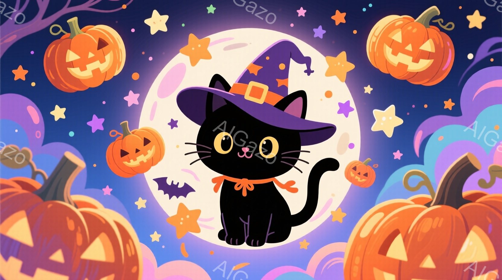 黒い子猫が、紫色の魔法使いの帽子と赤いリボンをつけて、丸い白い背景に座っています。背景には、笑顔のジャック・オー・ランタン、コウモリ、星が散りばめられており、ハロウィーンの楽しい雰囲気を醸し出していま - AI生成フリー素材
