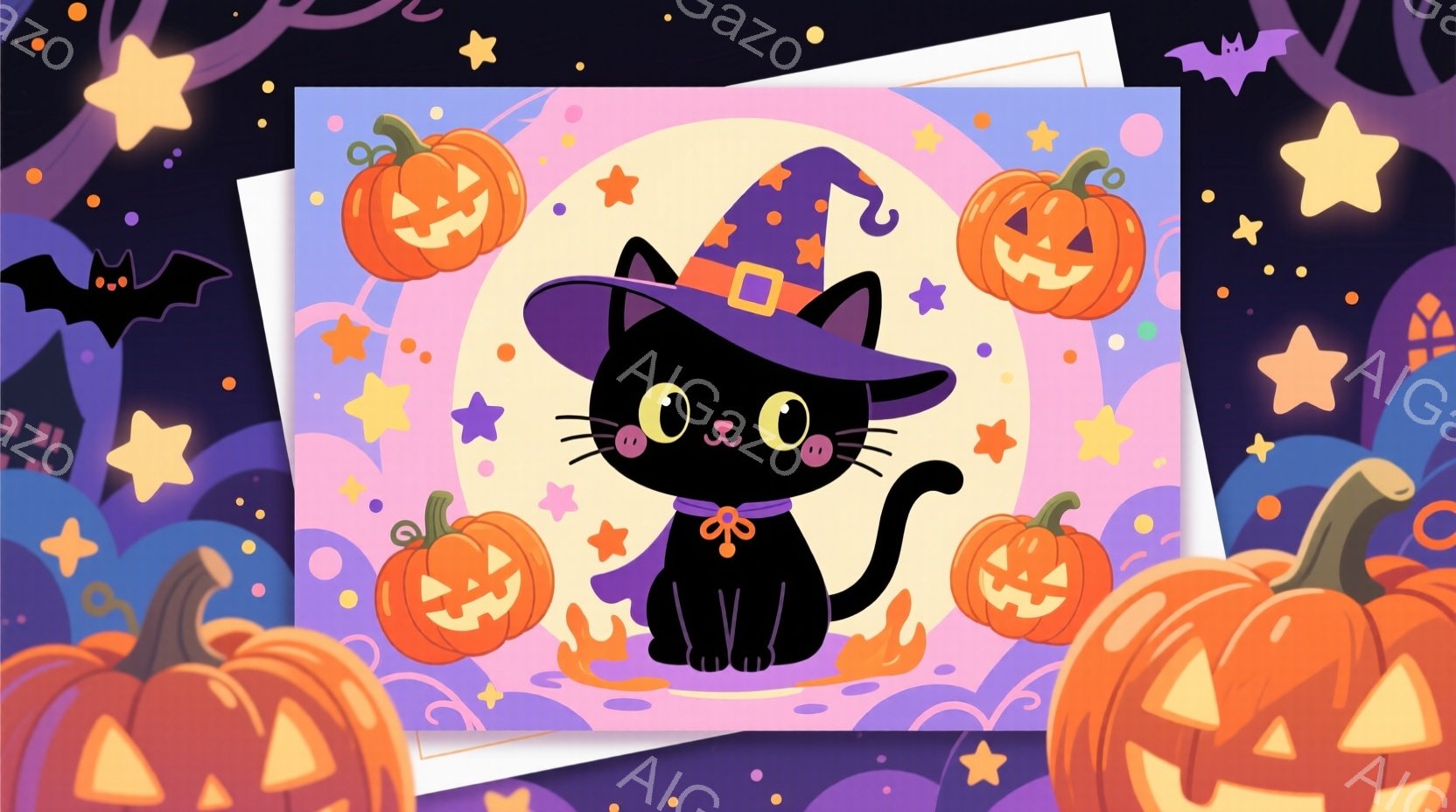 黒い猫がハロウィーンの魔女帽子と紫のマントを着て座っています。背景にはオレンジ色のジャック・オー・ランタン、紫色の建物、星、コウモリが散りばめられており、全体的に明るくかわいらしいハロウィーンの雰囲気 - AI生成フリー素材