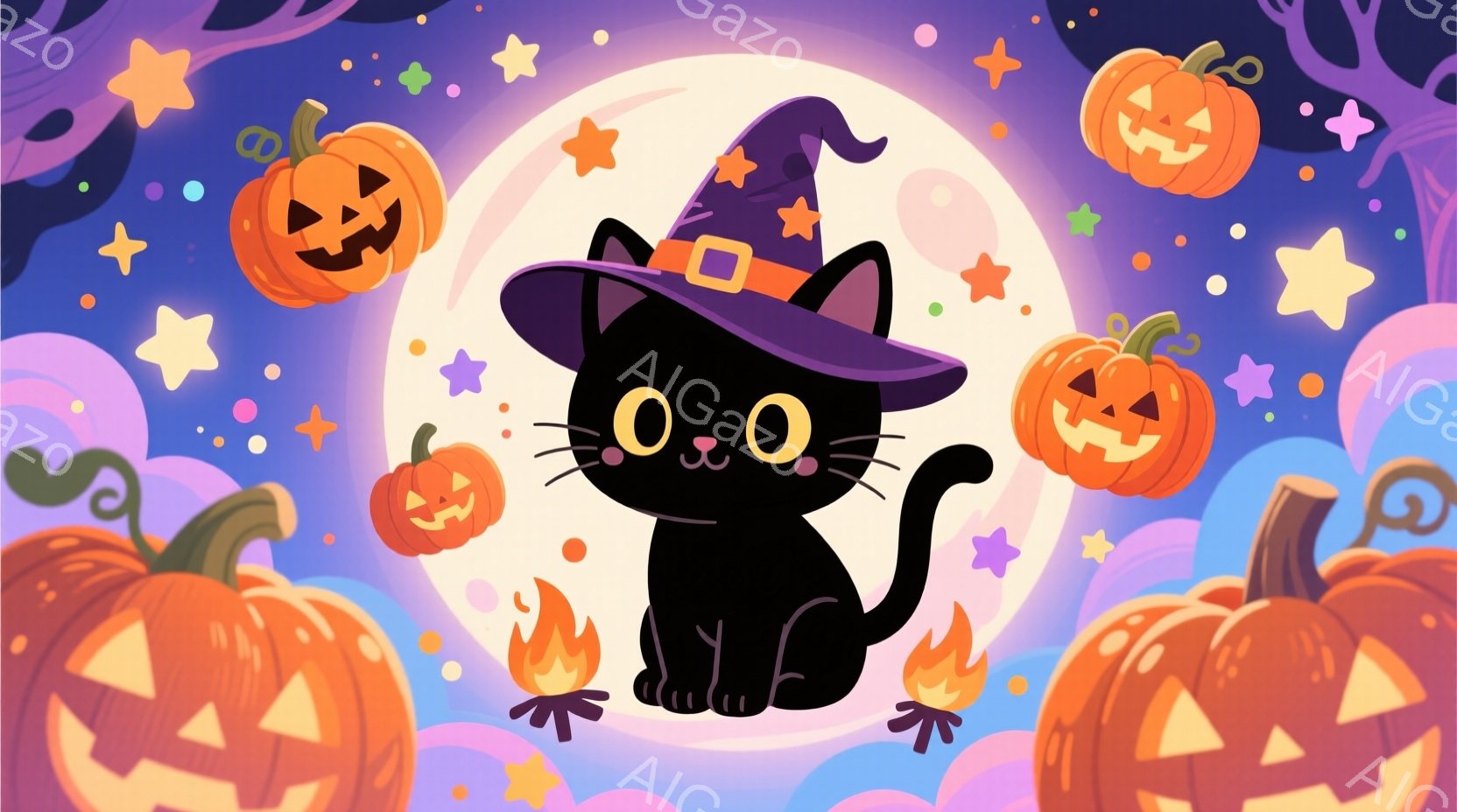黒猫がハロウィーンの帽子をかぶり、満月を背景に座っています。周りにはジャック・オー・ランタンや星、小さな炎が描かれ、ハロウィーンの雰囲気満載です。猫は愛らしい表情で、全体的に可愛らしく温かい印象を与え - AI生成フリー素材