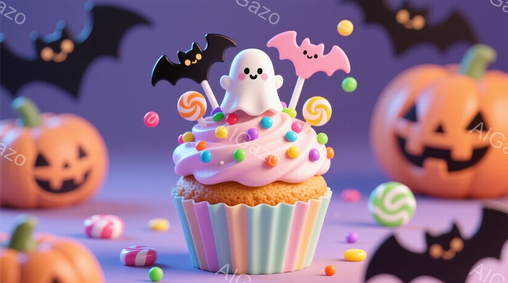 ピンク色のフロスティングとカラフルなスプリンクルで飾られたカップケーキが中央にあります。周りにはハロウィーンのキャンディーやコウモリ、そしてジャック・オー・ランタンが散りばめられており、お祝いの雰囲気を醸し出しています。背景は紫色で、全体的に明るく、楽しいハロウィーンのシーンです。