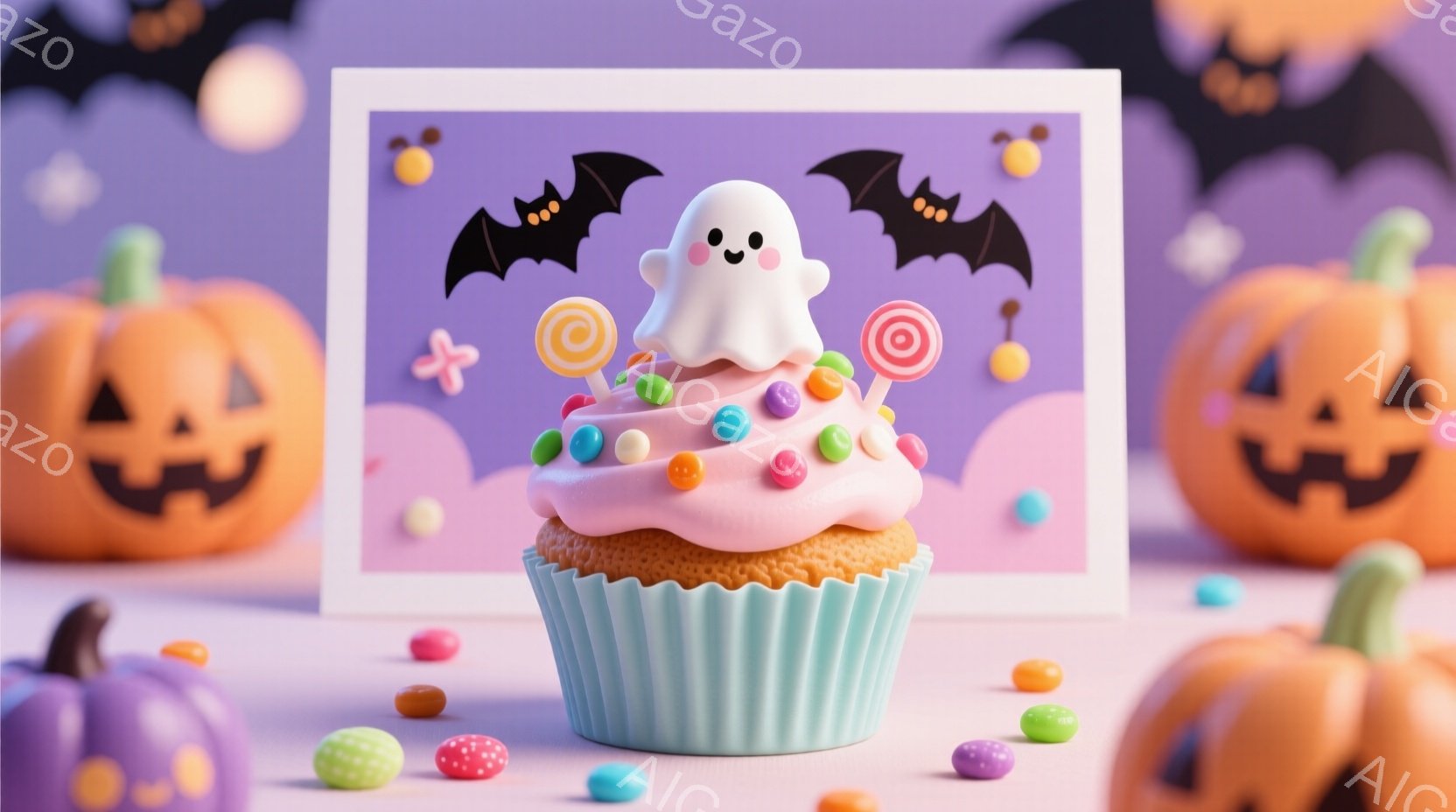 薄紫色の背景に、ハロウィーンをテーマにした可愛らしいカップケーキが描かれています。カップケーキは水色のカップに入り、ピンク色のクリームにカラフルなキャンディが飾られ、上には小さな白いお化けが乗っています。背景には、オレンジ色のジャック・オー・ランタンと黒いコウモリが散りばめられており、お祭り気分を盛り上げています。