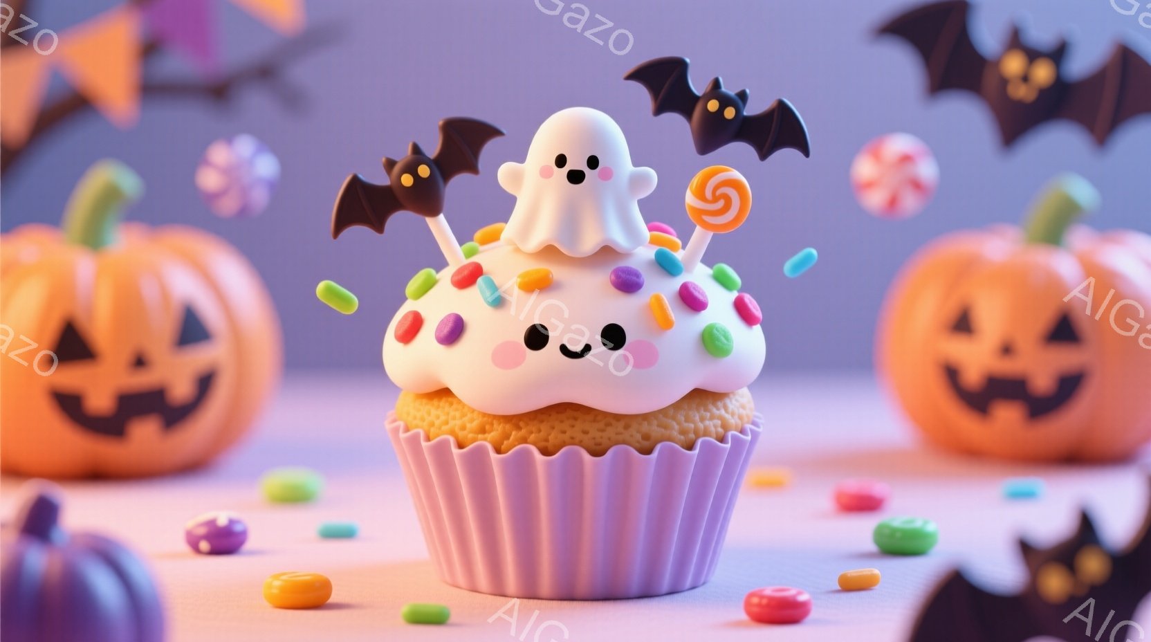 明るい紫色を基調とした背景に、可愛らしいカップケーキが中央に配置されています。クリームの上にはお化けの飾りとキャンディ、そして黒いコウモリが舞っており、ハロウィーンを連想させる雰囲気です。周囲にはカラ - AI生成フリー素材