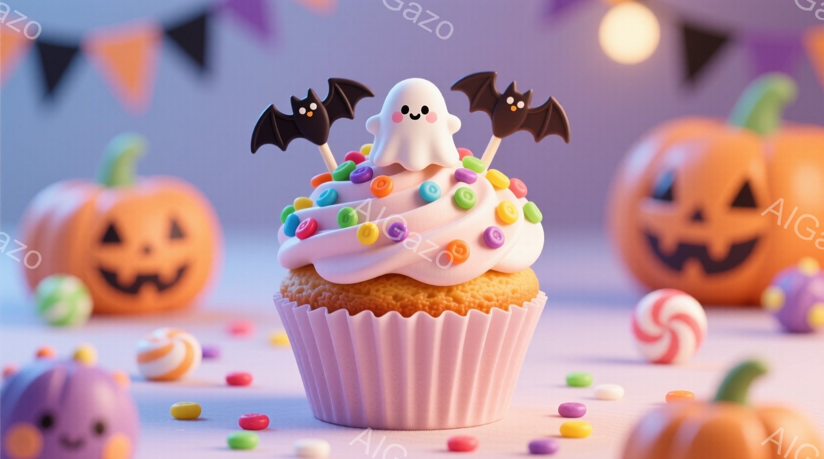 鮮やかなオレンジ色の背景に、クリームとカラフルなスプリンクルで飾られたカップケーキが中央に置かれています。カップケーキの上には、小さな幽霊の飾りとコウモリの形をしたキャンディが飾られています。背景には - AI生成フリー素材