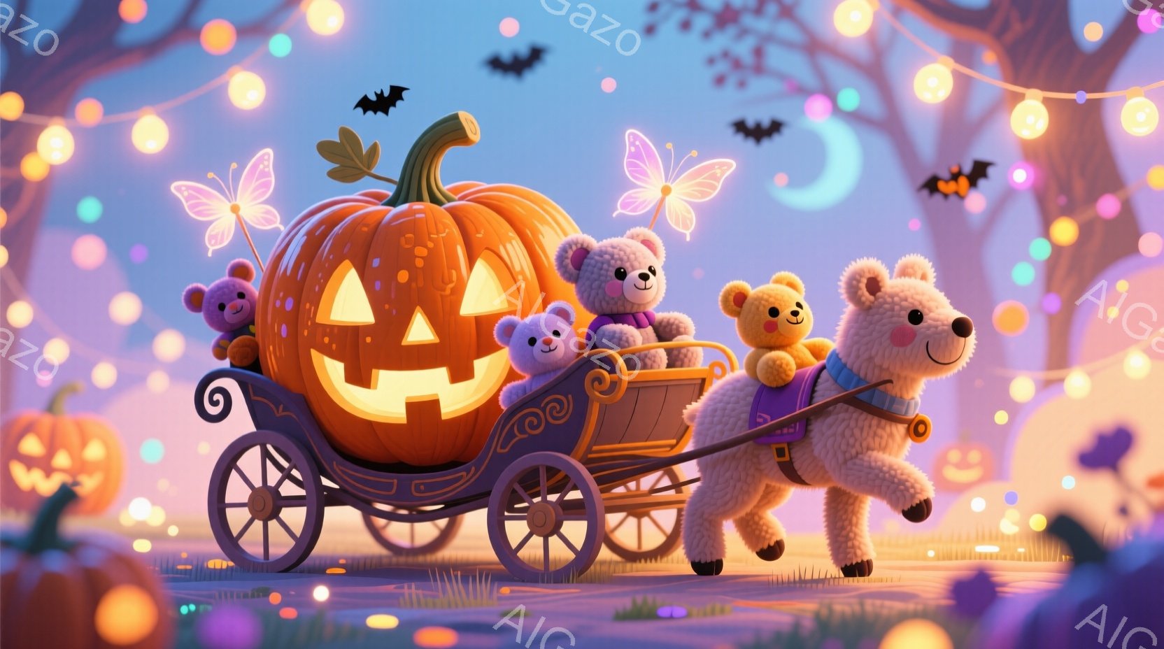 彫刻されたカボチャで作られた馬車が、可愛らしいクマのぬいぐるみたちを乗せて、夜の森を走っている。クマたちはそれぞれ青いベストを着用し、先頭のクマが馬車を引いている。背景にはオレンジ色のランタンやコウモ - AI生成フリー素材