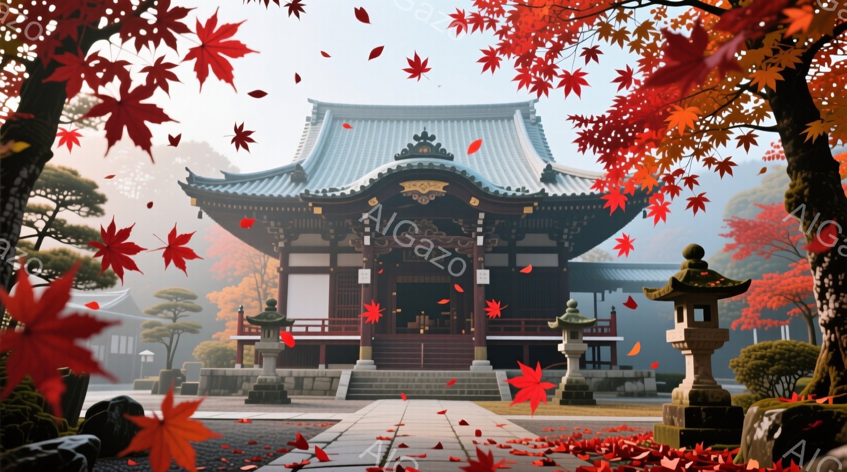 鮮やかな紅葉に囲まれた寺院が中央に位置し、朱色の高い屋根と精緻な木造建築が印象的です。石畳の道には散った紅葉が舞い散り、寺院の前に置かれた石灯籠が柔らかな光を放ち、秋の静寂と美しさを際立たせています。 - AI生成フリー素材