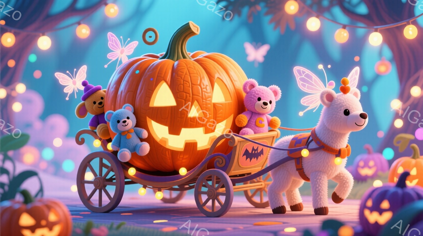 明るいオレンジ色のカボチャで作られた馬車を、白いユニコーンが引いています。馬車の中には、可愛らしいテディベアが数体座っており、ユニコーンは花飾りを付けています。背景には、ハロウィーンのランタンが点在し、お祭りや幻想的な雰囲気を醸し出しています。