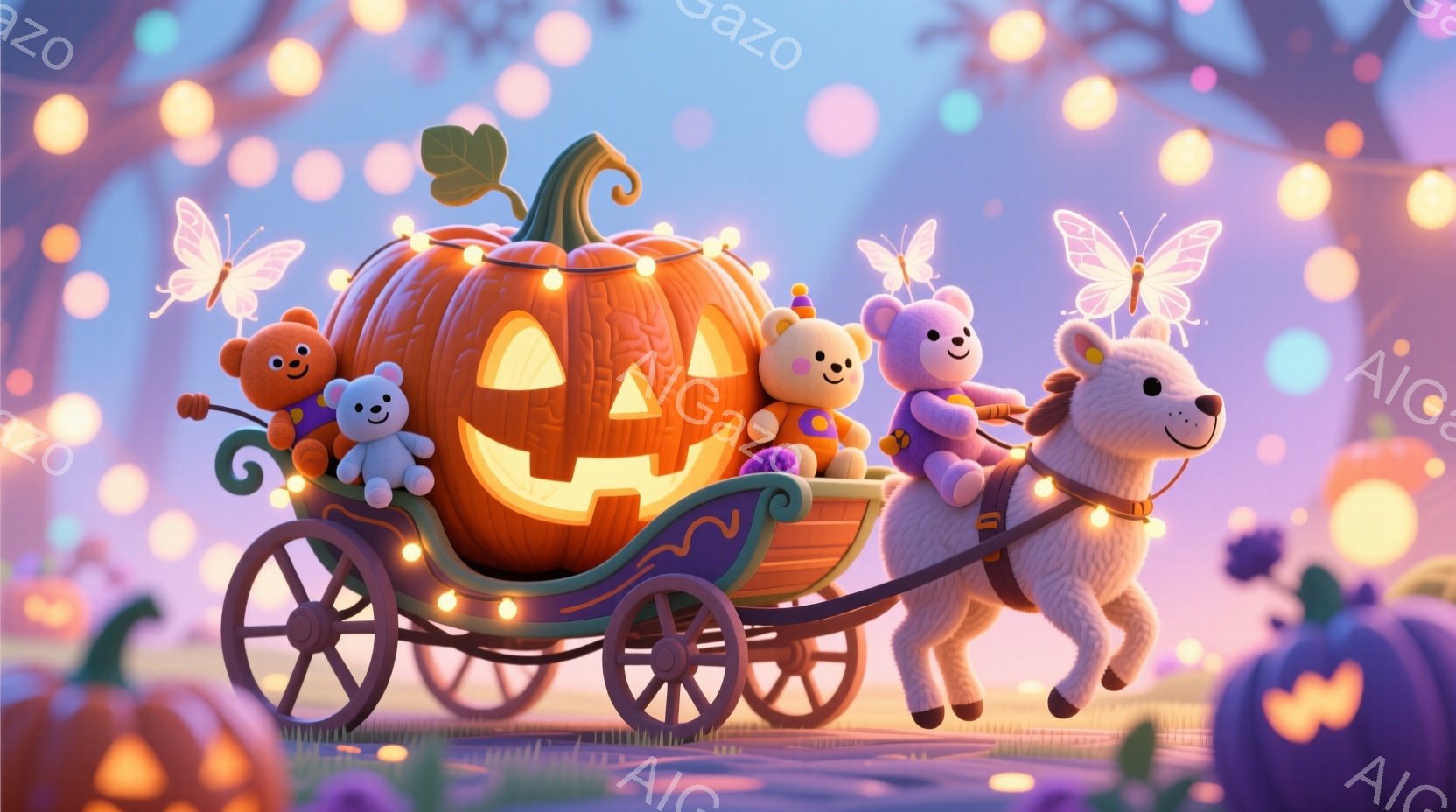 ハロウィーンをテーマにした可愛らしいイラストで、大きなカボチャが馬車として描かれています。３匹のテディベアが乗客としており、それぞれ異なる色の服を着て笑顔を見せています。背景には、紫色のパンプキンや光り輝く電球が散りばめられ、暖かく幻想的な雰囲気が漂っています。