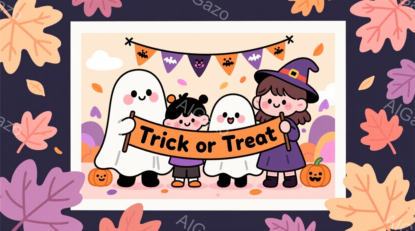ハロウィーンをテーマにしたイラストです。幽霊と魔女の女の子が、「トリック・オア・トリート」と書かれたバナーを持って並んで立っており、それぞれ笑顔を見せています。背景には紫色の空とコウモリが描かれており、周囲にはオレンジ色の紅葉が散りばめられて、お祝いムードを盛り上げています。