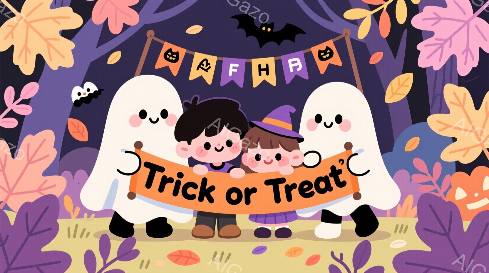 ハロウィーンのイラストで、白いお化けに挟まれた二人の子供が描かれています。一人は黒い髪でオレンジ色の帽子をかぶり、もう一人は茶色の髪で赤いリボンをつけており、どちらも笑顔で可愛らしい表情をしています。背景には紫色の植物、オレンジと黄色の葉、そして「トリック・オア・トリート」という文字が描かれ、ハロウィーンの楽しい雰囲気が伝わってきます。
