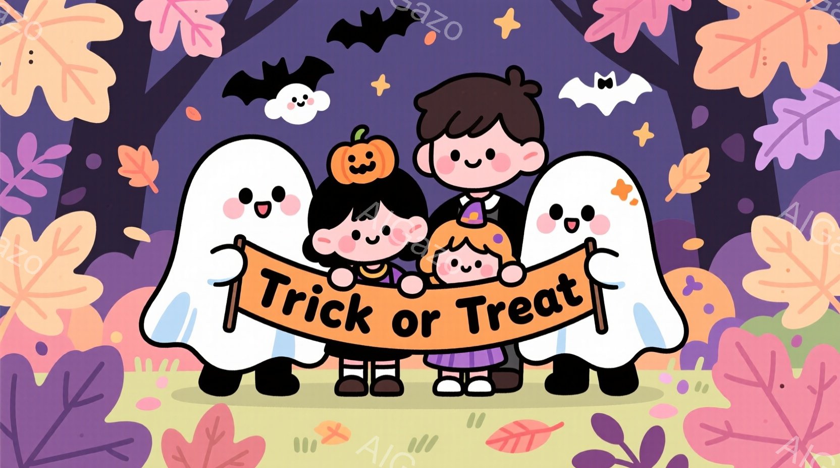 ハロウィーンのイラストで、子どもたちが幽霊のコスチュームを着ています。髪の色は茶色と黒で、それぞれ表情は笑顔です。背景には紫色の空、オレンジとピンクの葉、そして飛び交うコウモリが描かれており、お祭り気 - AI生成フリー素材