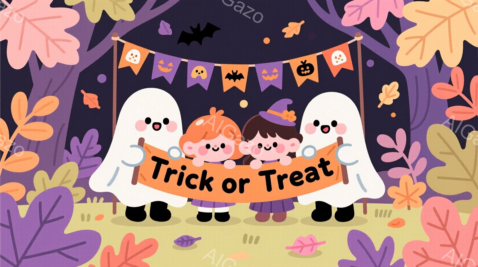 ハロウィーンのイラストで、三人の子供たちが幽霊のコスチュームを着ています。中央の女の子はオレンジ色の髪で、頭に魔女の帽子をかぶっており、他の二人は髪を三つ編みにしています。背景には紫色の木々、落ち葉、 - AI生成フリー素材