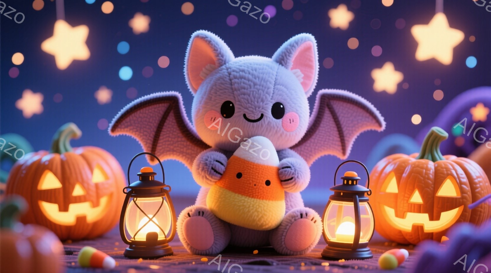 ふわふわの灰色のコウモリのぬいぐるみは、オレンジとクリーム色のキャンディーを抱きしめて座っています。周りには、ジャック・オー・ランタンが彫られたオレンジ色のカボチャと、温かい光を放つ小さなランタンが並 - AI生成フリー素材