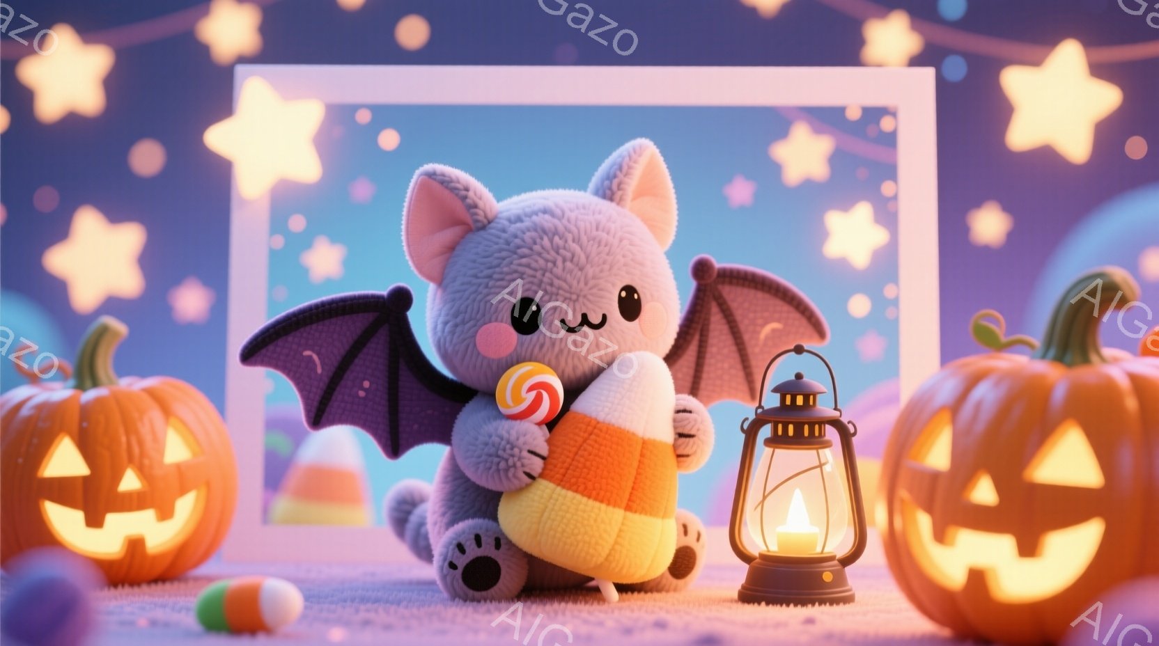 ふわふわの灰色のコウモリのぬいぐるみは、キャンディーコーンを抱きしめて座っています。背景には、笑っているジャックオーランタンと、光るランタン、そして星空が広がり、ハロウィーンの雰囲気を感じさせます。全体的に、暖かく、可愛らしい、お祝いのムードが漂っています。