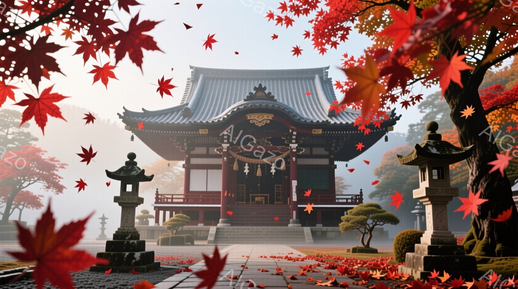 鮮やかな紅葉が舞い散る中で、荘厳な赤い寺院が佇んでいます。石畳の道と左右に配置された石灯籠が、寺院へと続く参道を照らし出しています。背景には霧が立ち込め、静寂で神秘的な雰囲気を醸し出しています。 - AI生成フリー素材