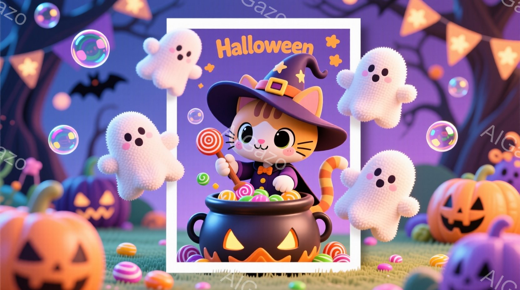 明るいハロウィーンのイラストで、かわいらしい子猫が魔女の帽子をかぶり、大きな魔法の鍋の中に座っています。猫は大きく丸い目と笑顔で、緑色のキャンディーを舐めています。背景にはオレンジ色と紫色のカボチャ、 - AI生成フリー素材
