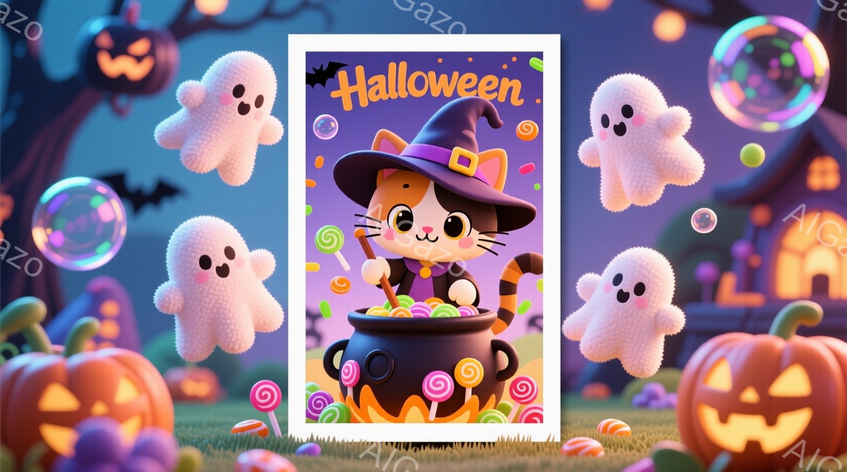 オレンジ色の縞模様の猫が、黒い魔女帽子をかぶり、紫色の魔女の衣装を着ています。猫は笑顔で、大きな魔法の鍋の中をかき混ぜており、鍋の中にはキャンディやカラフルなグミが満載です。背景には、お化け、カボチャのランタン、カラフルなキャンディ、そして緑の草地が広がり、ハロウィーンの楽しい雰囲気を演出しています。