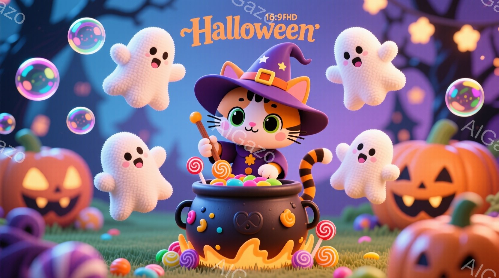 鮮やかなハロウィーンのシーンで、魔女帽をかぶったオレンジ色の猫が、お菓子でいっぱいの大きな鍋の中に座っています。猫は満面の笑みを浮かべ、魔法の杖を持っており、周りにはお菓子や可愛らしい幽霊が浮かんでい - AI生成フリー素材