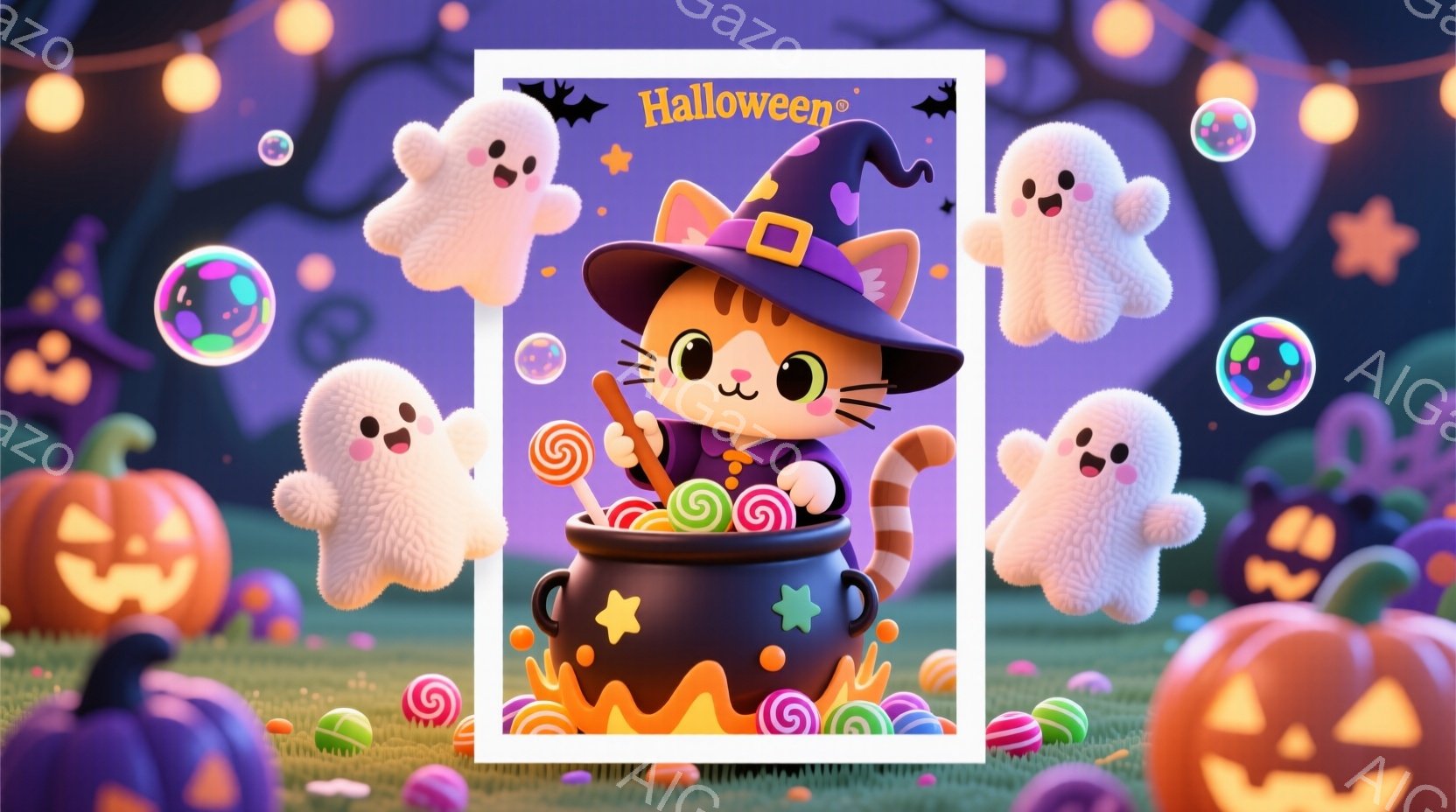 鮮やかなハロウィーンのイラストで、カボチャの帽子をかぶった猫が、お菓子でいっぱいの大きな鍋の中に座っています。猫は明るい笑顔で、可愛らしい表情をしています。背景には、可愛らしい幽霊やカラフルなお菓子、 - AI生成フリー素材