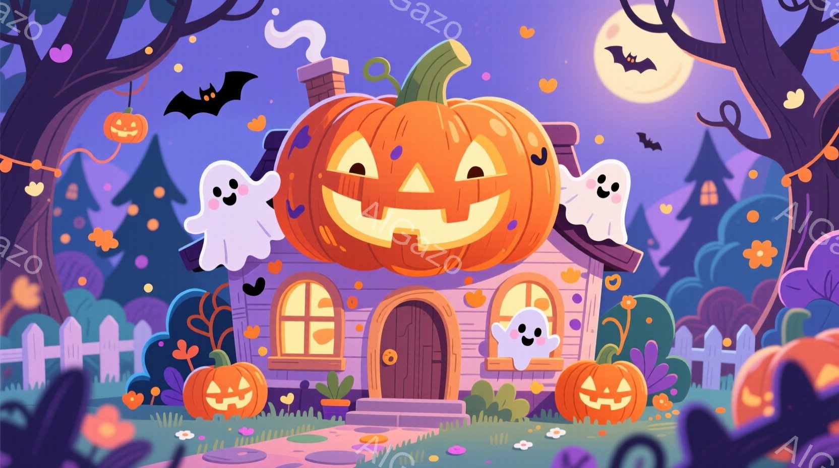 ハロウィーンの夜の可愛らしい情景を描いています。オレンジ色のカボチャが屋根に設置された小さな家が中央にあり、周囲には小さなカボチャや幽霊が浮かんでいます。背景には暗い森と、紫色の空に浮かぶ満月、そして - AI生成フリー素材