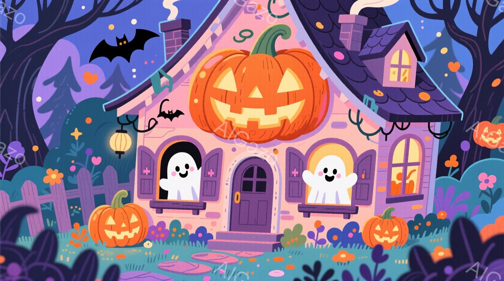 薄紫色の屋根と壁を持つ可愛らしい家が描かれており、玄関の上には大きなジャック・オー・ランタンが飾られています。二つの白い幽霊が玄関の左右に浮かんでおり、それぞれ笑顔を浮かべています。庭にはさらに小さなジャック・オー・ランタンが数個置かれ、黒いフェンスや茂み、そして空にはコウモリが舞い、ハロウィーンらしい雰囲気を作り出しています。
