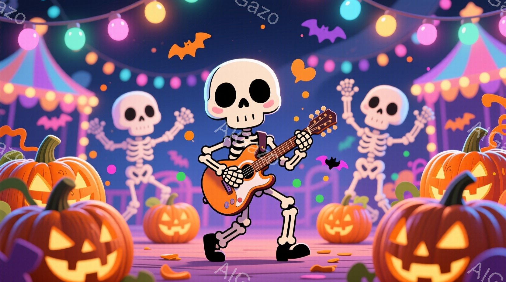 ハロウィーンをテーマにしたイラストで、オレンジ色のギターを弾くガイコツが中央に描かれています。ガイコツは片足を上げて演奏し、黒い靴を履いています。背景には、ジャック・オ・ランタン、カラフルな風船、コウ - AI生成フリー素材