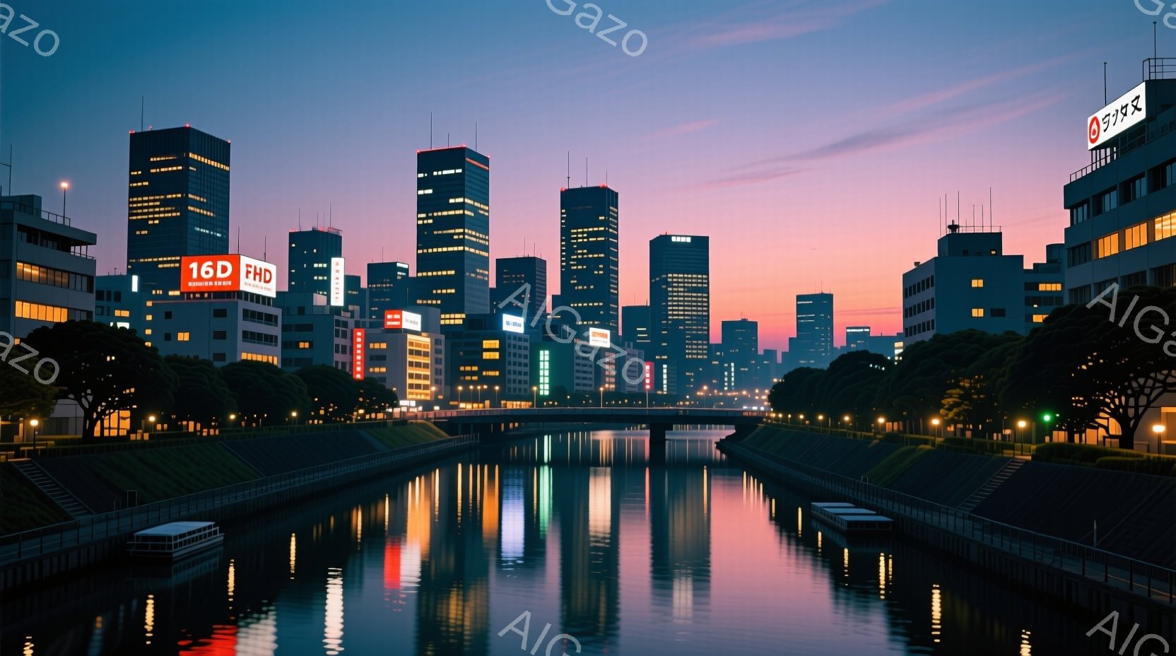 夜明け前の都市の風景で、運河が建物の光を反射し、水面に美しい色彩を生み出している。高層ビル群はシルエットとして立ち並び、空はオレンジ色から紫へとグラデーションを描いている。運河沿いには街灯が並び、静か - AI生成フリー素材