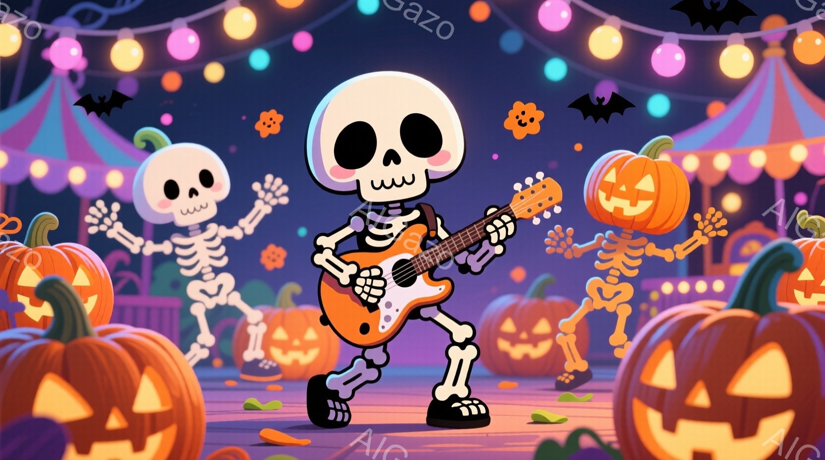 ハロウィーンの装飾が施された背景の中で、ギターを演奏するスケルトンのキャラクターが描かれています。他のスケルトンも踊っており、周りには笑顔のジャック・オー・ランタンが配置されています。全体的に明るく陽 - AI生成フリー素材