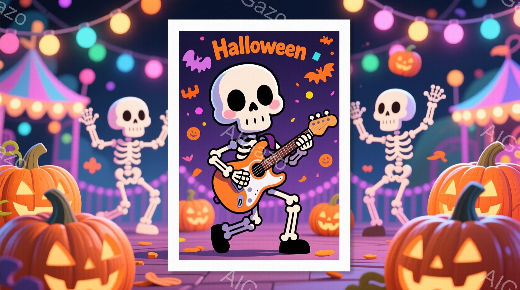 カラフルなハロウィンのイラストで、中央にはギターを弾くガイコツが描かれています。ガイコツは片足を持ち上げ、楽しそうに演奏しており、周囲にはジャック・オ・ランタンや風船が散りばめられています。背景は明るい紫色の空と、ハロウィンらしいカラフルな装飾が施されたパーティー会場のようで、陽気で楽しい雰囲気を醸し出しています。