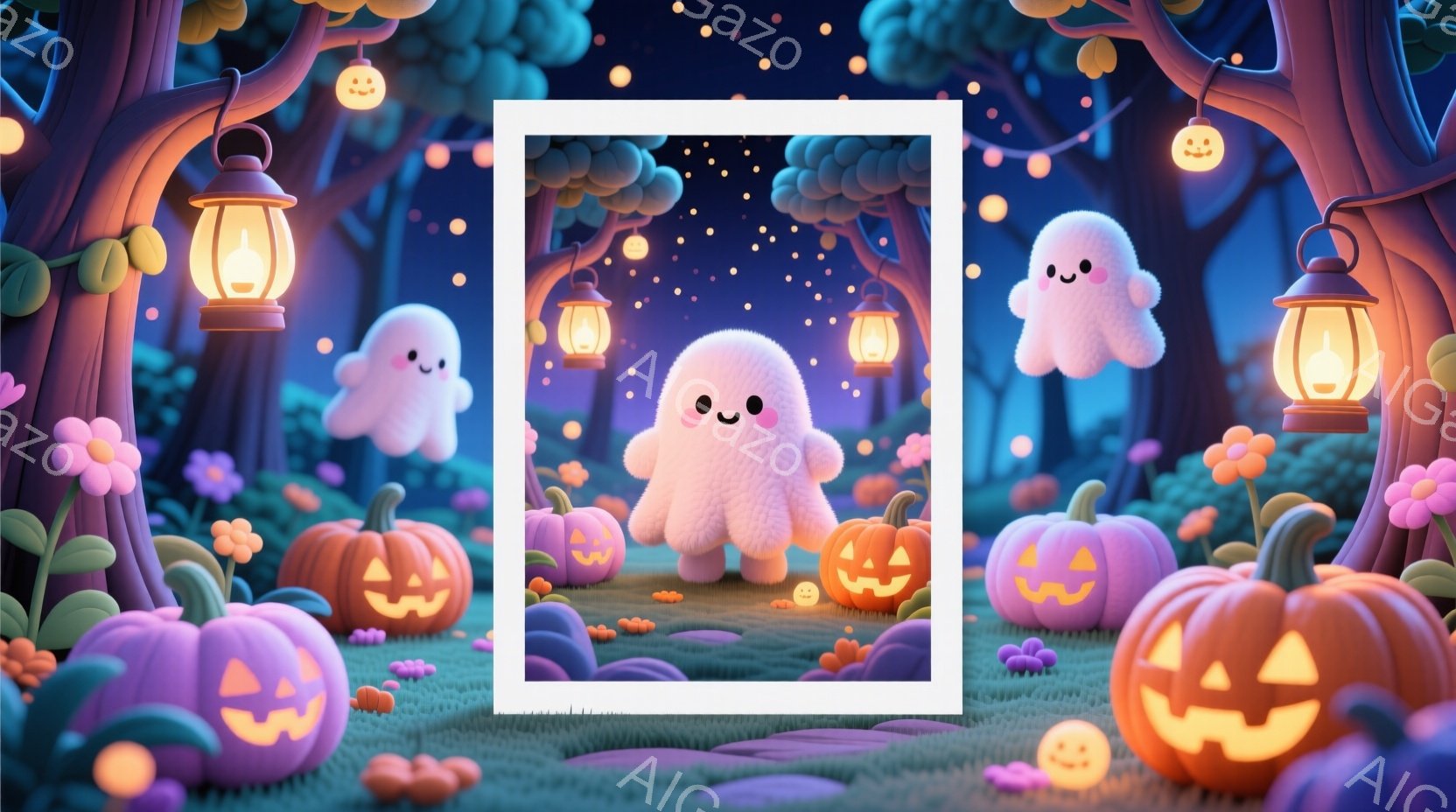 夜の森の中、ふわふわとした可愛らしい幽霊たちが浮かんでいます。地面には様々な表情をしたジャック・オー・ランタンが散らばり、木々には小さなランタンが灯されています。全体的に暖かく、幻想的で、ハロウィンの雰囲気に満ちた可愛らしい光景です。